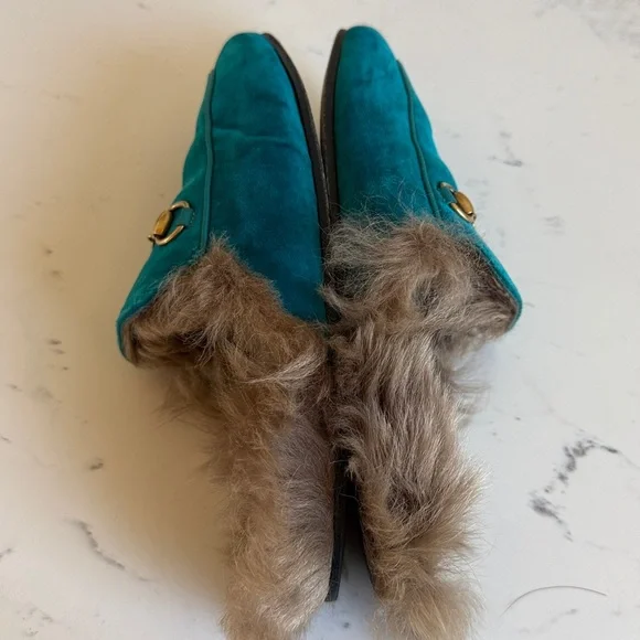 Gucci Princetown Fur Mules Color Teal Velvet Horsebit Slides Womens Size 36.5 - Picture 10 of 16